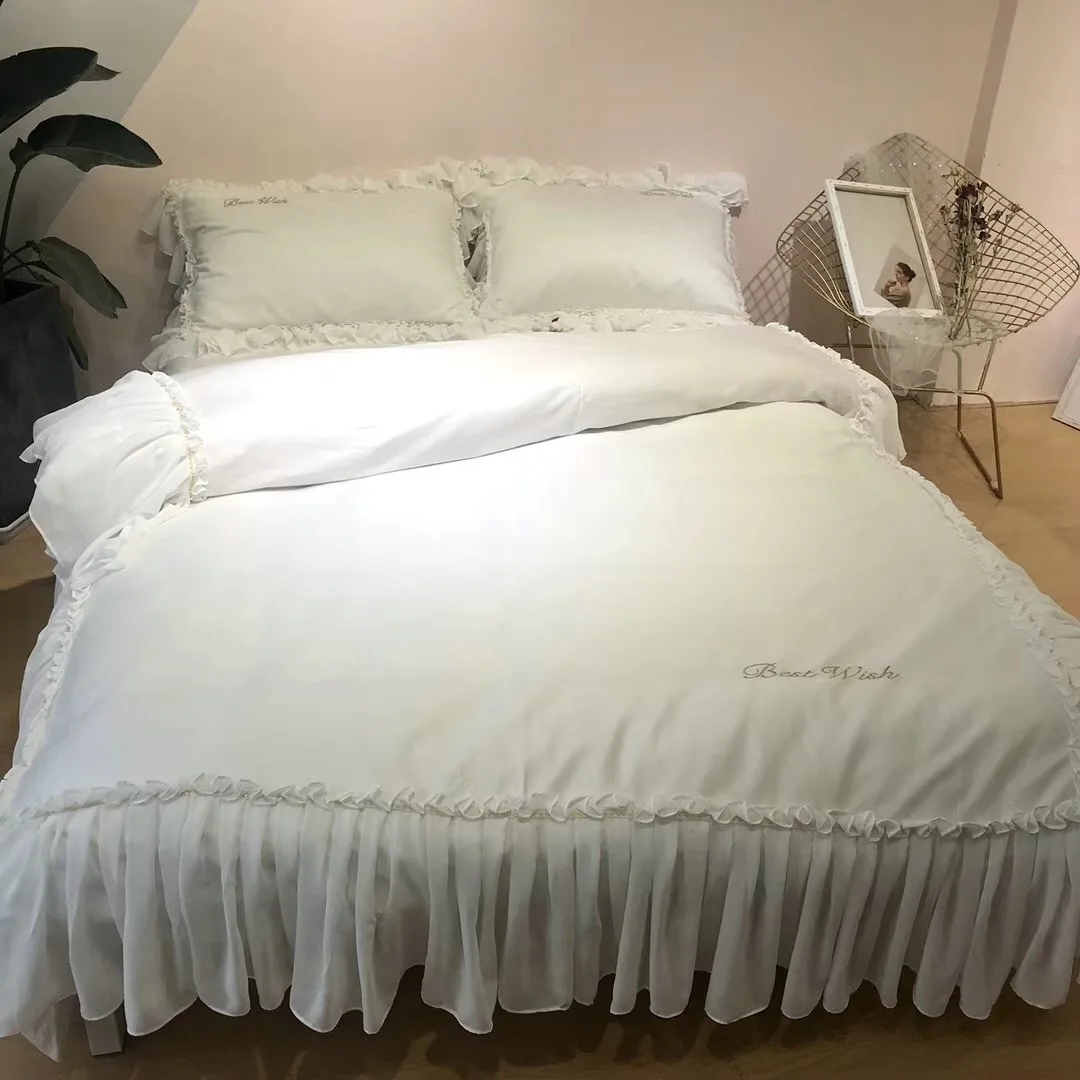 Korean version ruffled 60s long-staple cotton bedding white lace queen king quilt cover kit wedding set comforter sets | Дом и сад