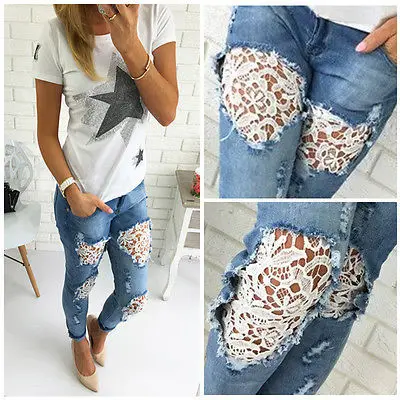 Explosion Models 2019 Summer New Fashion Lace Stitching Hole In The Waist Jeans Women's TrousersSIZE S-2XLStreetwearJeans Woman |
