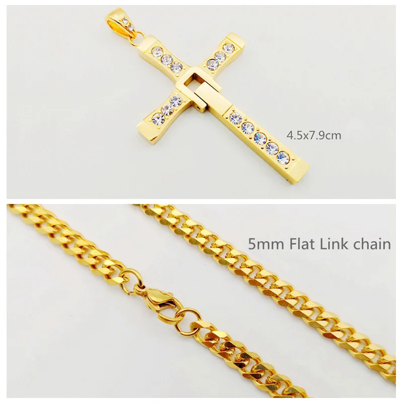 Gold big link chain Форсаж 8 в стиле «хип-хоп» CZ камни крест ожерелье кулон 316 из нержавеющей стали крест Доминика Торетто ожерелье для мужчин и женщин ювелирные изделия - Окраска металла: Gold big link chain