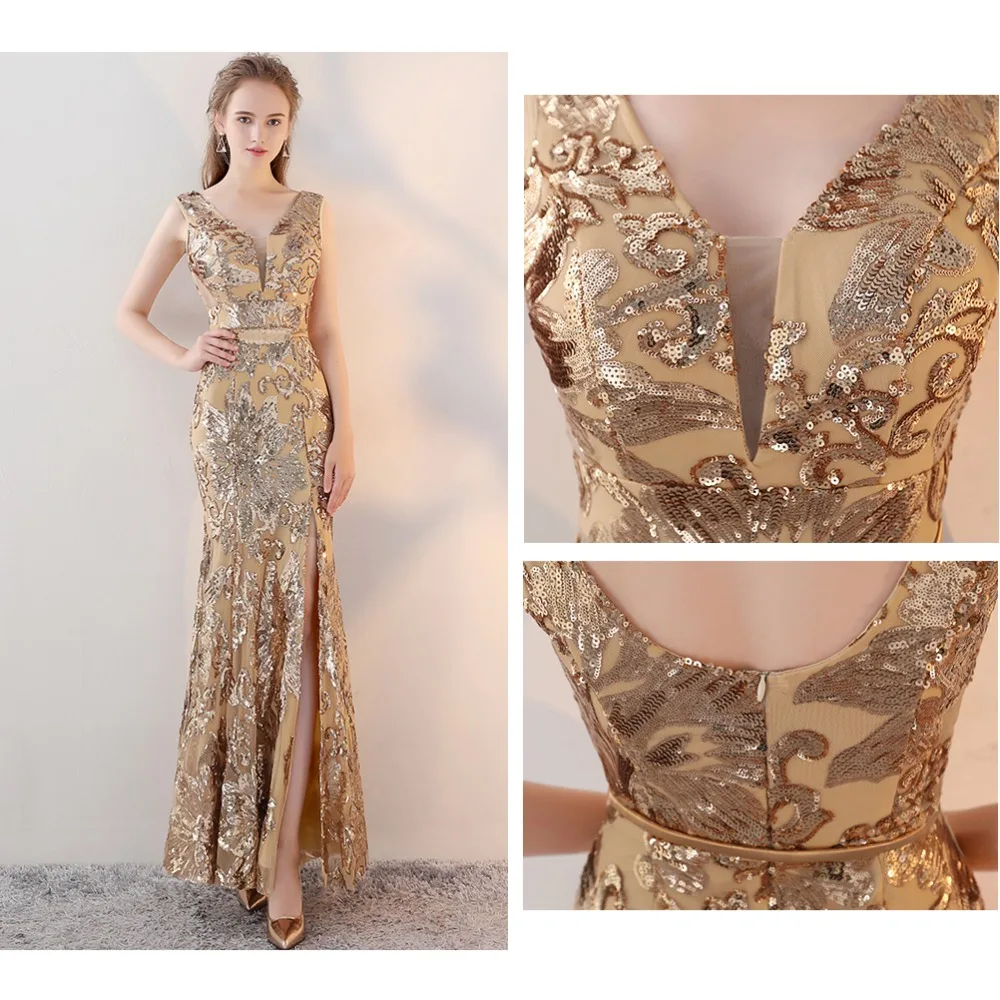 VKBRIDAL Rose Gold Sequined Mermaid Stretchy Long Bridesmaid Dresses with Side Slit Plus Size Formal Party Prom Gowns for Women | Свадьбы и