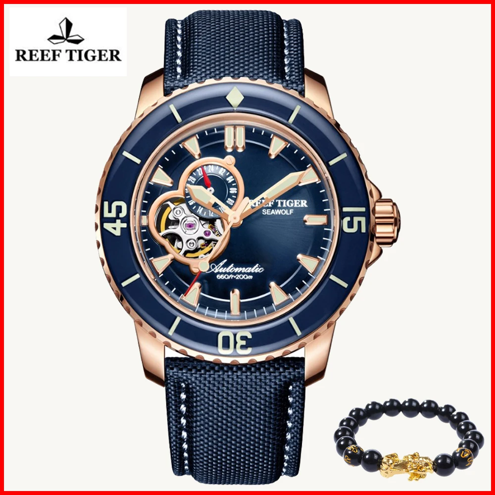 Мужские спортивные часы Reef Tiger водонепроницаемые из розового золота синего