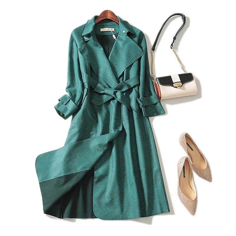 2019 High Quality Autumn New Long Suede Trench Coat Cardigan With Belt Windbreaker Overcoat Female Long-sleeved Outerwear M146 | Женская