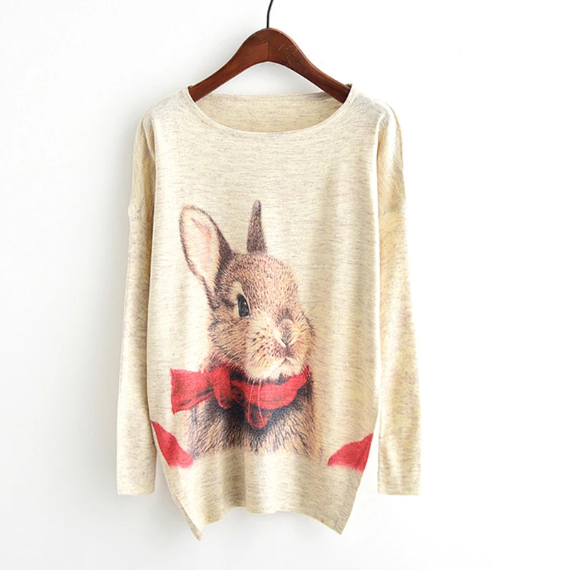 Женский длинный вязаный свитер красный Свободный пуловер с принтом кролика и