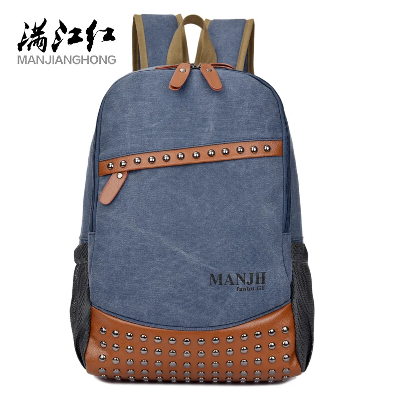 

MANJIANGHONG New Men's Rivet Canvas Bag Retro Casual Backpack Fashion Wild Stitching Travel Bag Simple Student Bag