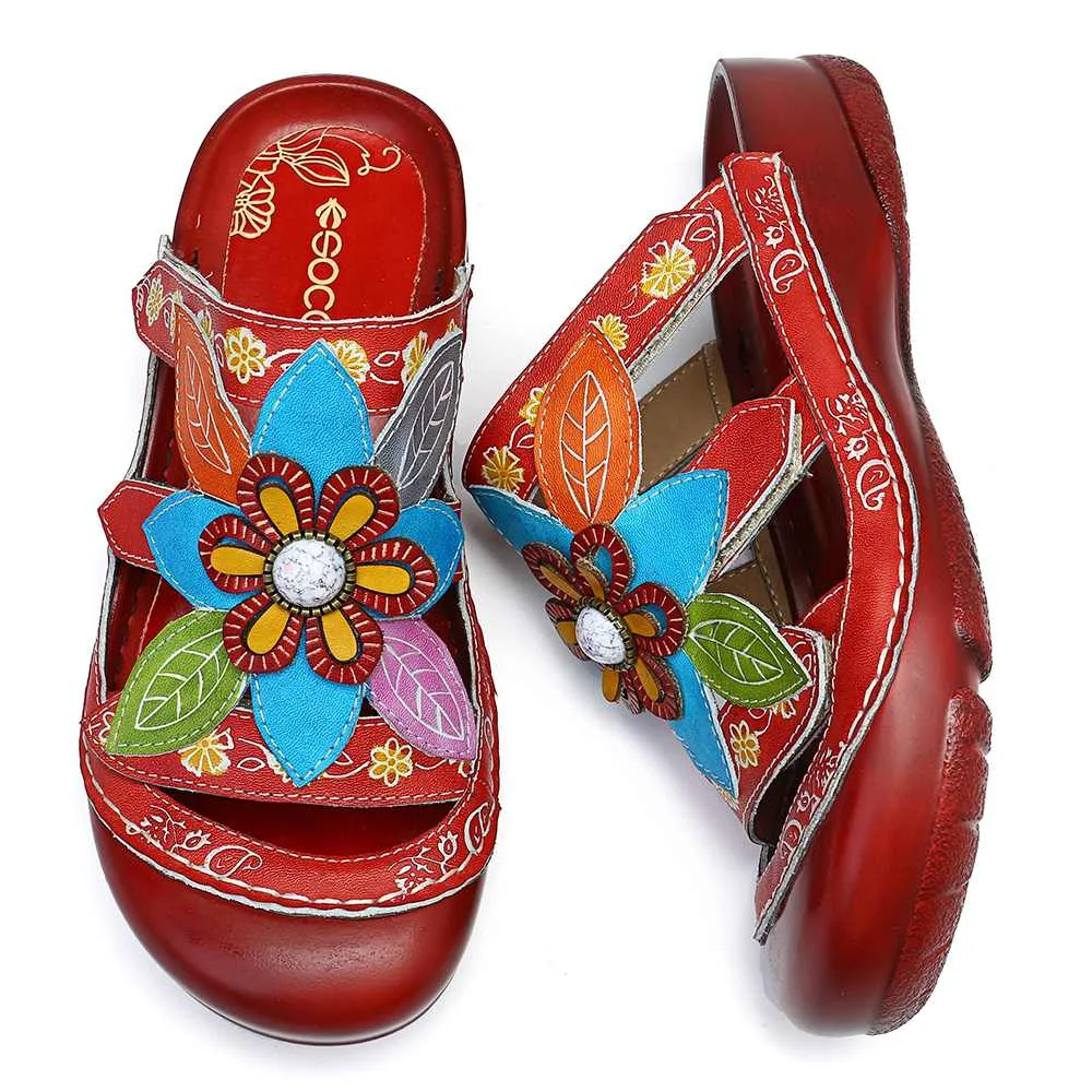 Женские сандалии в стиле ретро SOCOFY босоножки из натуральной кожи с цветочным