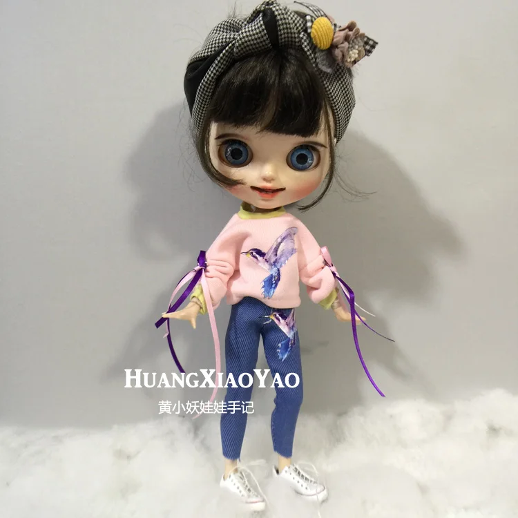 

B008 Blyth Doll clothes 1/6 dolls Accessories handmade 30cm clothes pink bird T shirt witn pants 2pcs/set
