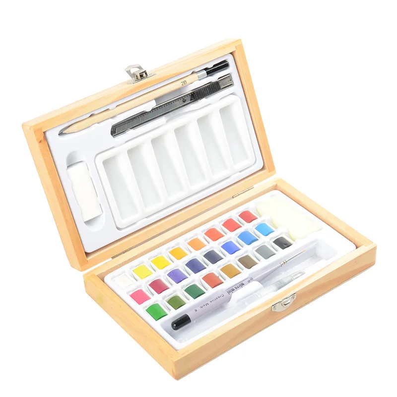 Wood color 24 цвета Твердые акварельные краски в наборе с водной краской кисти пигментные акварельные краски s для окрашивания товары для рукоделия, деревянная коробка - Цвет: Wood color