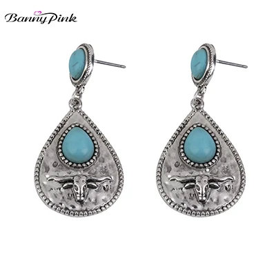 Vintage Silver Banny розовые этнические серьги с подвеской в виде быка для женщин, Винтажные серьги-капельки с геометрическим камнем, серьги-капельки с двойной каплевидной подвеской - Окраска металла: Vintage Silver