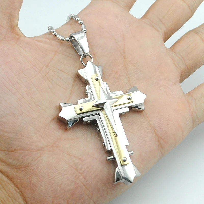 Мужские цепочки AMUMIU 60 см стразы двойной слой с крестом подвески из нержавеющей