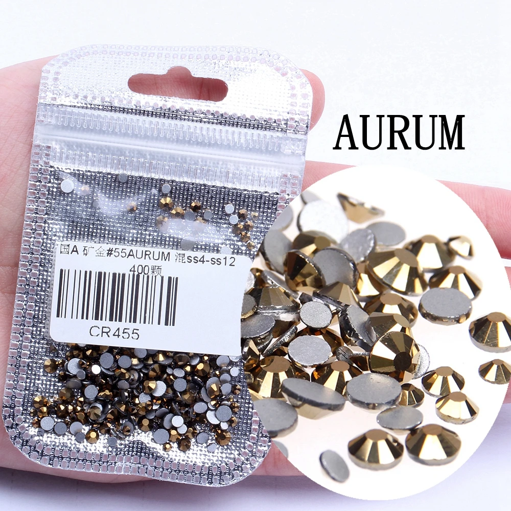 55 AURUM Стразы для нейл-арта, 60 цветов, 400 шт, микс из SS4-SS12, стеклянные стразы с плоской задней стороной, Стразы для ногтей, 3D украшения - Цвет: 55 AURUM