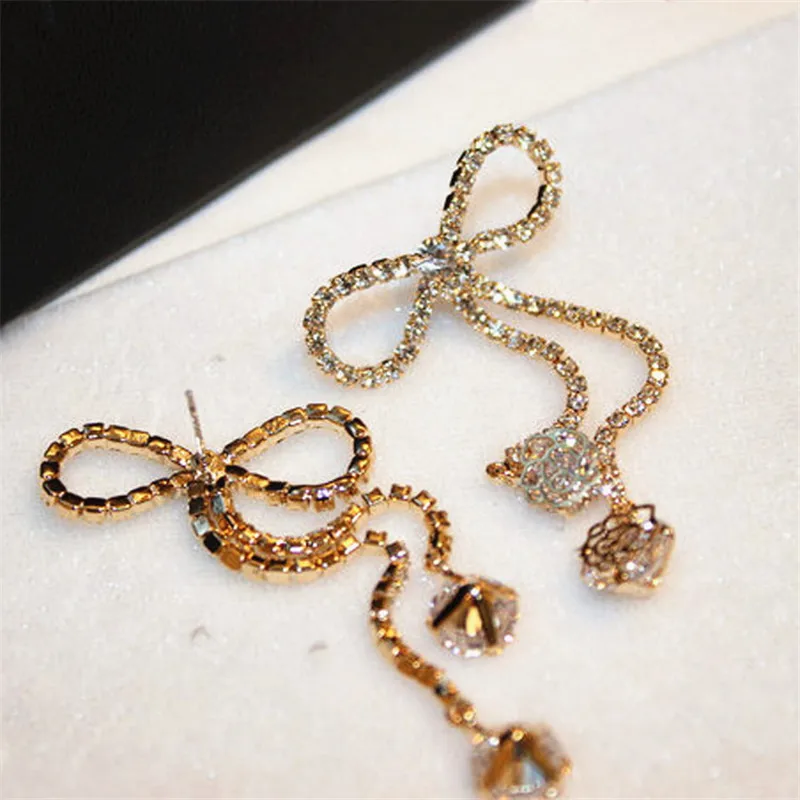 Женские Простые Роскошные Длинные серьги с бантиком и кристаллами элегантные