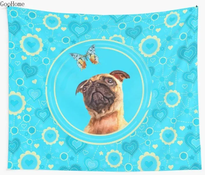 Милый мопс щенок и бабочка настенный гобелен пляжное полотенце одеяло коврик для