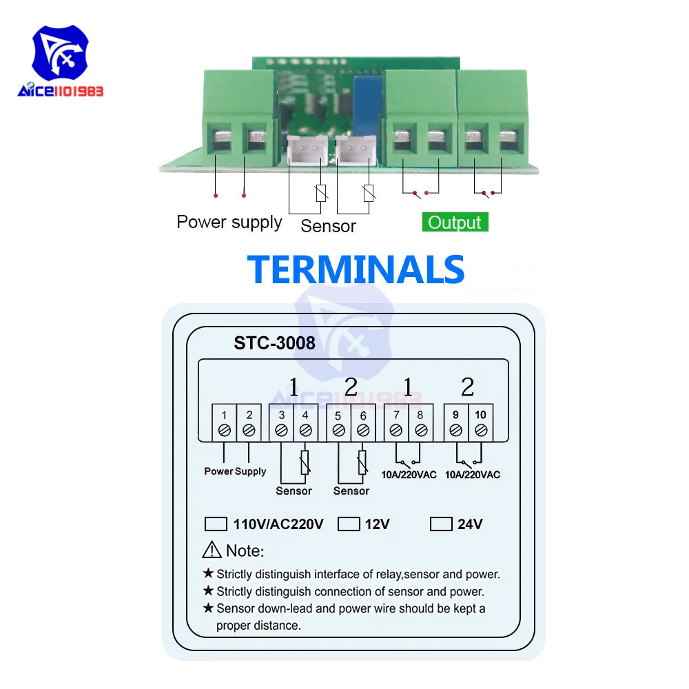 STC 3008 двойной светодиодный контроллер температуры 12 В 24 220 термометр NTC 10K Датчик