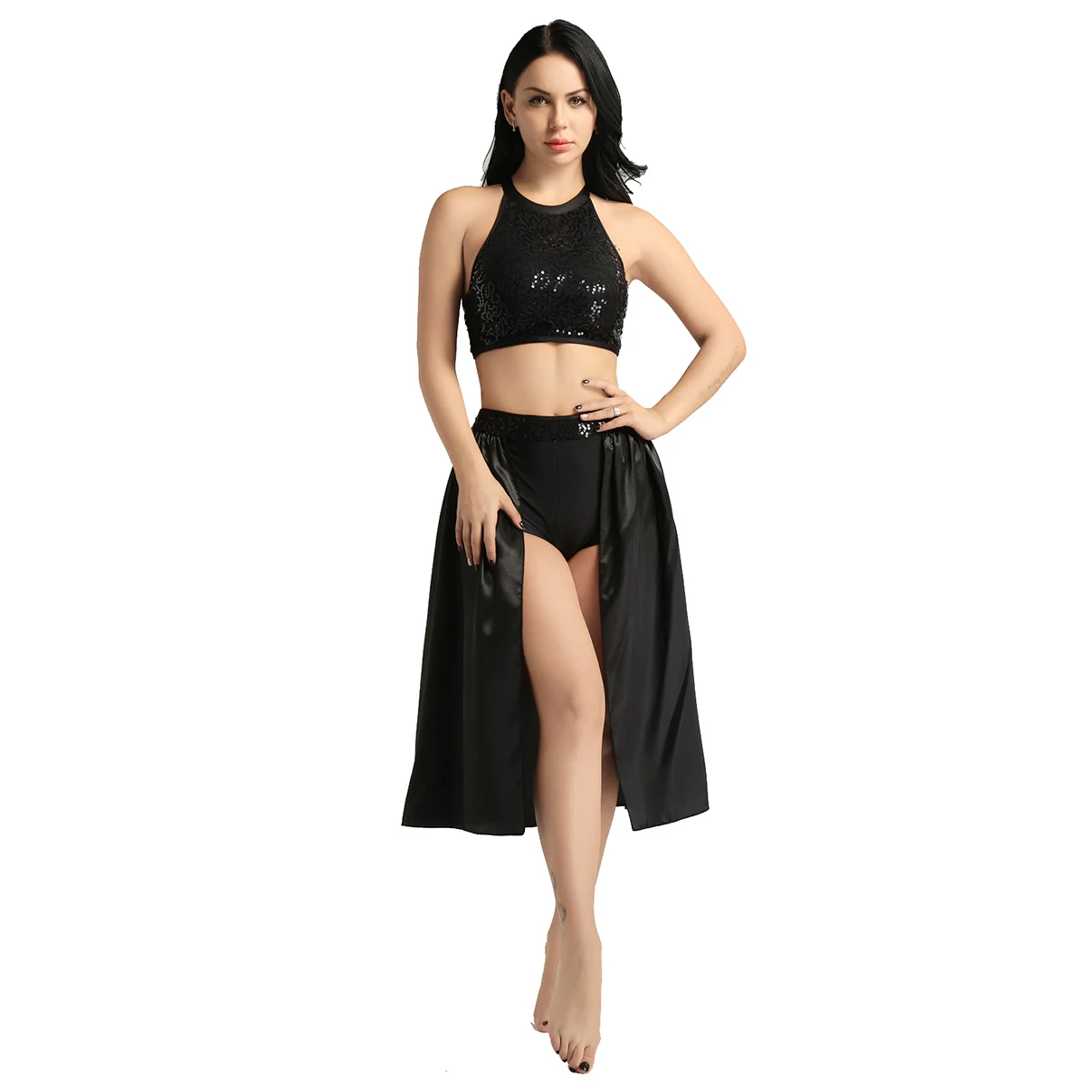 TiaoBug Women Ballet Dress Sequin Halter Crop Top with Built-In Leotard Skirt Set Adult Stage Competition Lyrical Dance Costumes