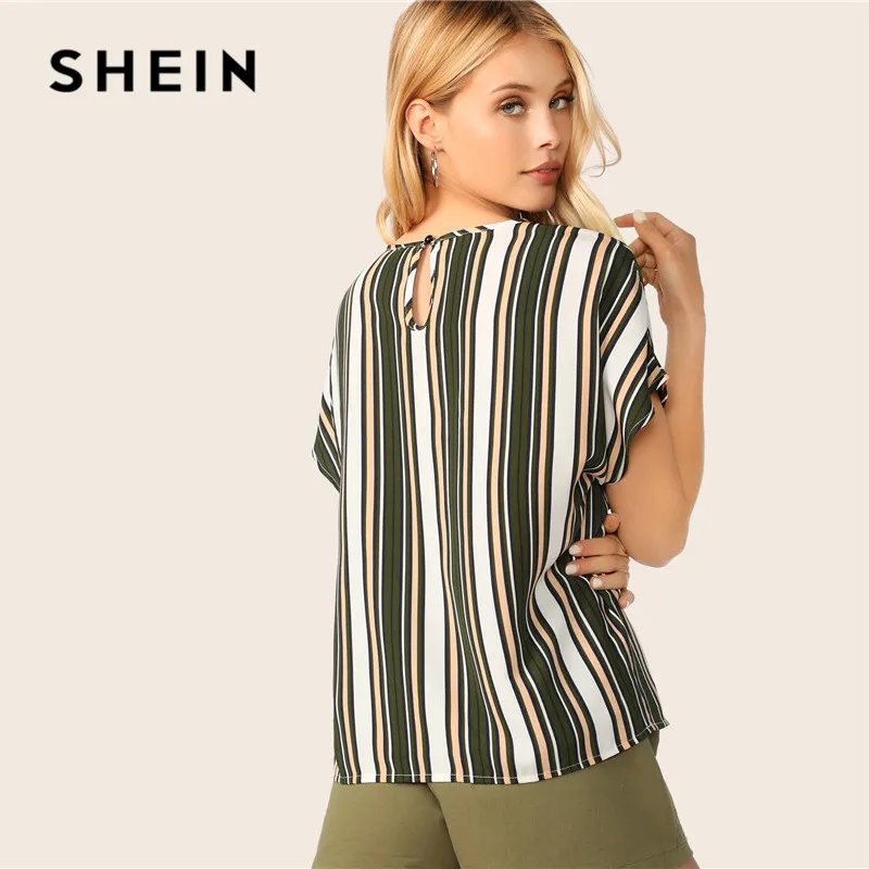 SHEIN летняя блузка в полоску с замочной скважиной на спине, Женские топы и блузки, повседневные женские топы с рукавом «летучая мышь» и круглым вырезом