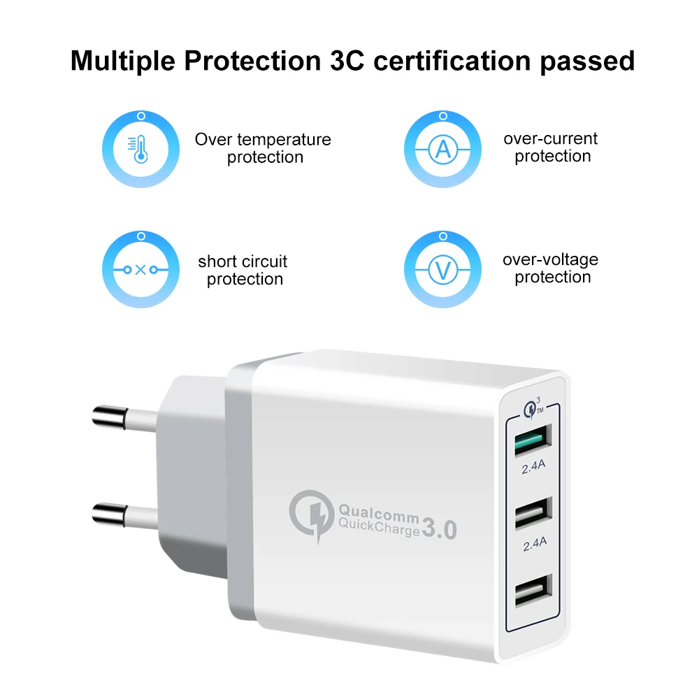 Yojock ЕС/США Plug 3 Порты Быстрый Зарядное устройство QC 3.0 USB WALL для iPhone 7 x iPad Samsung S8 huawei