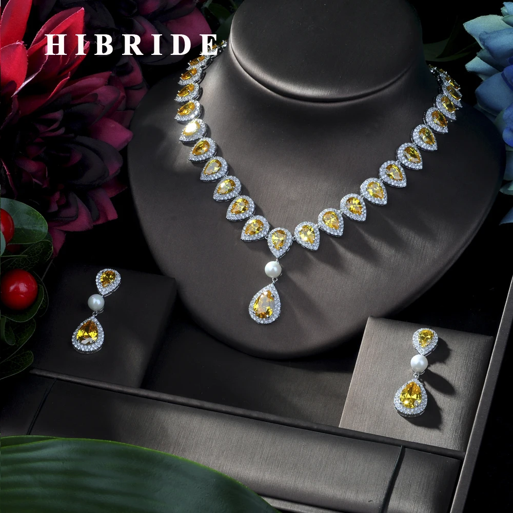 HIBRIDE Top New White Gold-color Exquisite Drop zirconia Wedding Party Gift Bridal Jewelry Sets for Women N-168