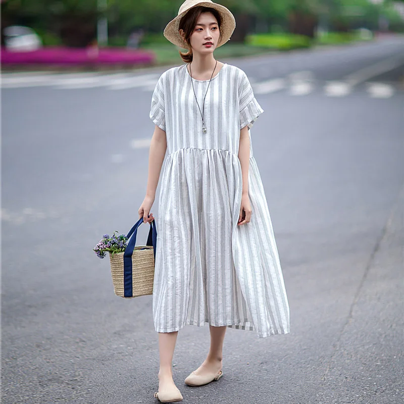 SCUWLINEN 2019 летнее женское платье винтажное Полосатое с коротким рукавом высокая