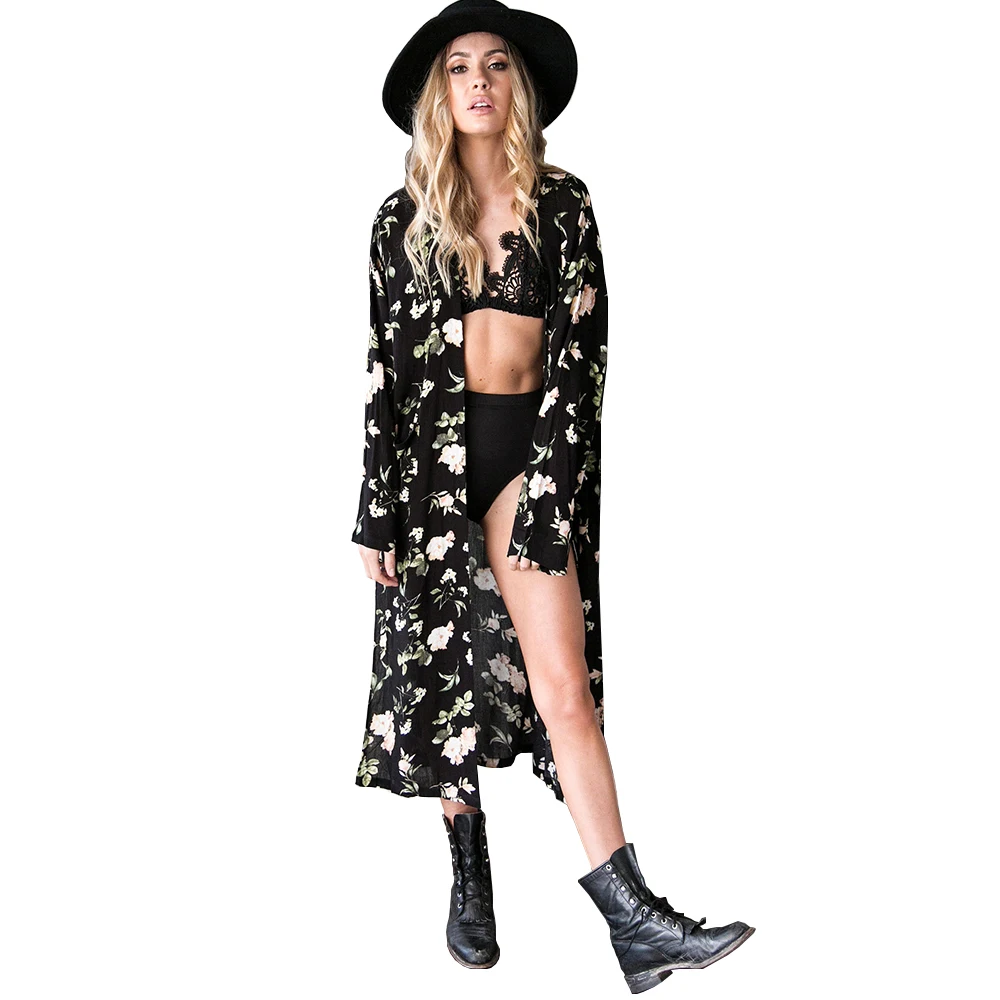 Летний стиль для женщин длинный рукав цветочный принт длинное кимоно кардиган