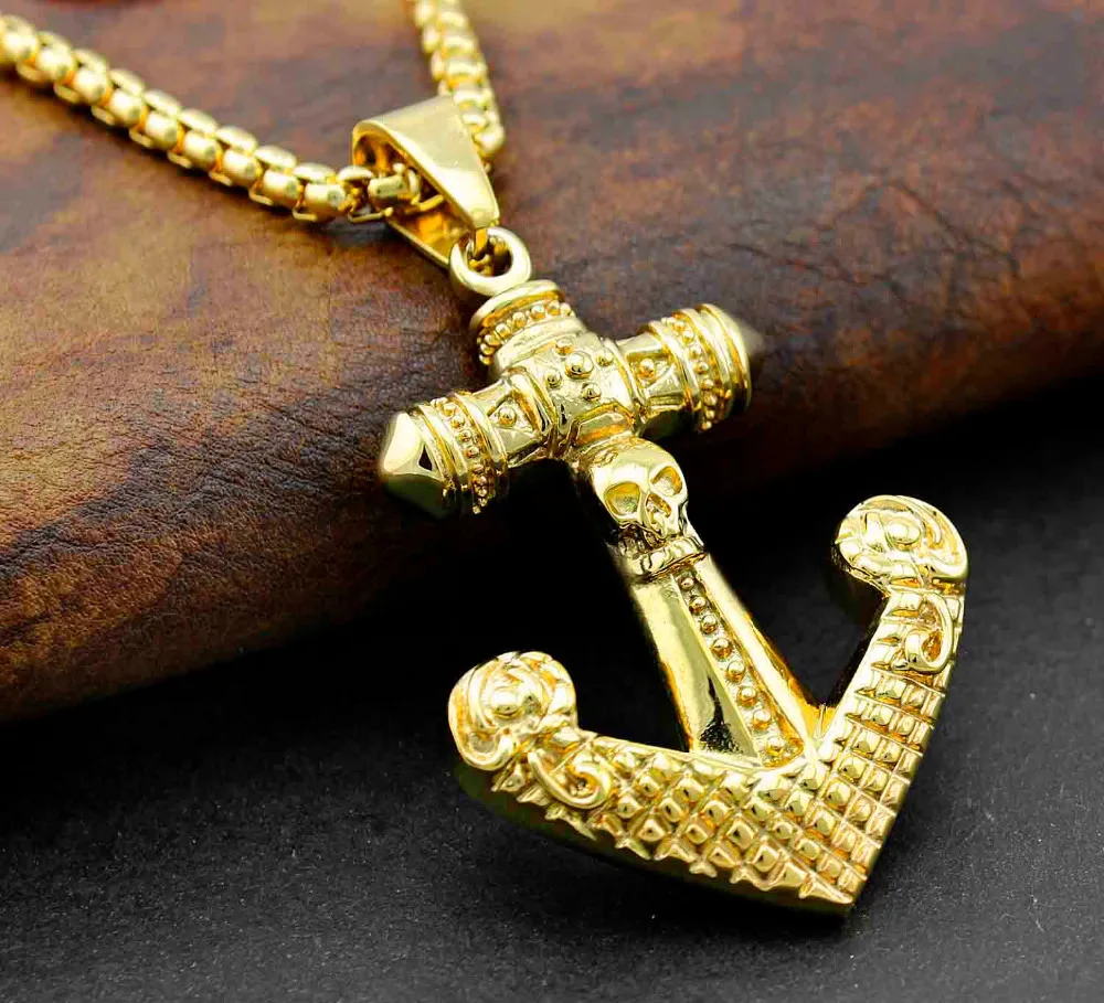 Мужская Золотая нержавеющая сталь Ретро Якорь Байкер Готический кулон ожерелье