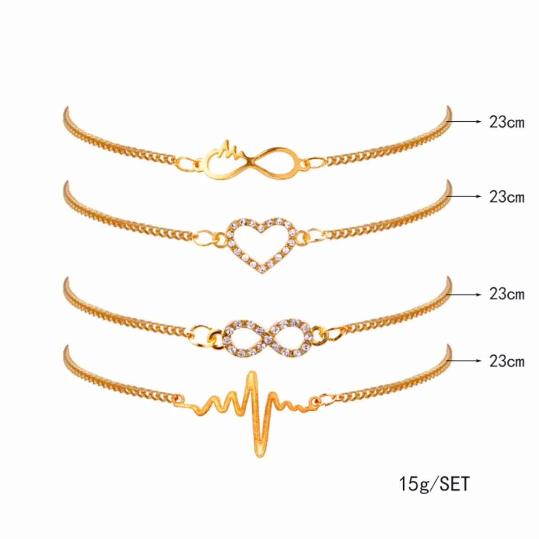 Charming Luxury Crystal Hollow Heart Bracelet Romantic Gold Color Hand Chain Elegant Women's Jewelry Bride Wedding Gifts 4pc/Set |