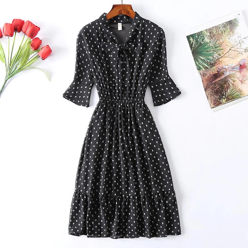 2019 Chiffon New Leisure loose summer Women dress Short sleeve Floral print Bow tie Elastic Waist A-line aa907 | Женская одежда