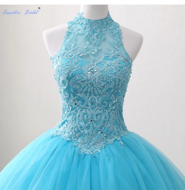 Sapphire Bridal Halter Turquoise Applique Lace Beading Ball Gown Sweet 16 Dress Cut-out Quinceanera Vestidos | Свадьбы и торжества