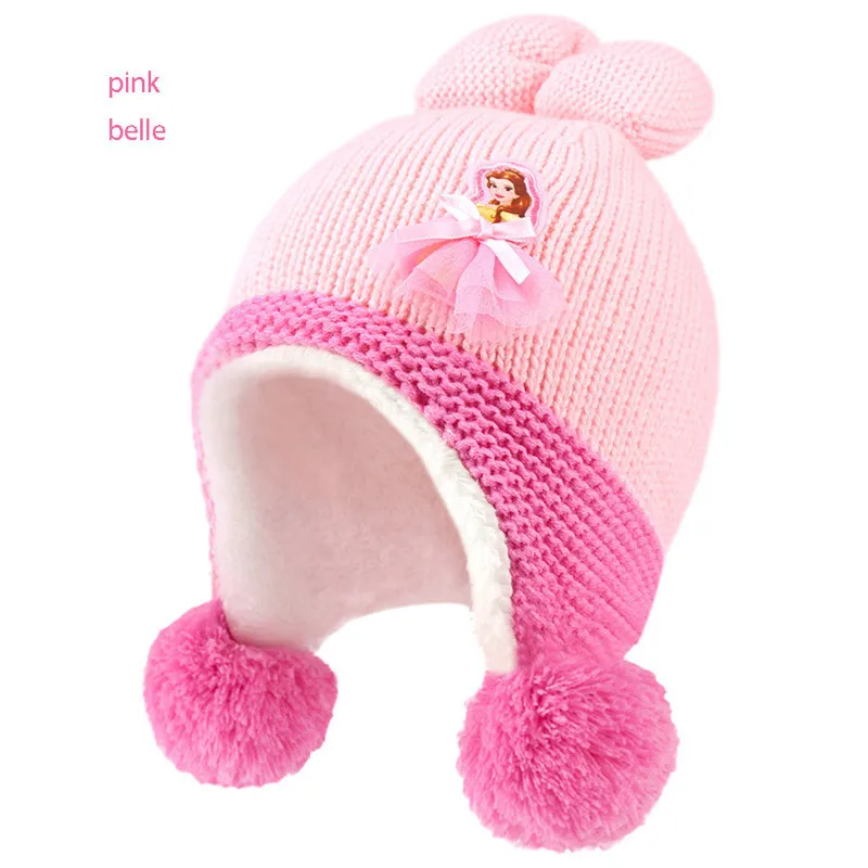 Pink Belle Детские шапки с Микки Дисней, осенние и зимние шерстяные шапки с добавлением шерсти, теплые детские пуловеры, детские вязаные шапки - Цвет: Pink Belle