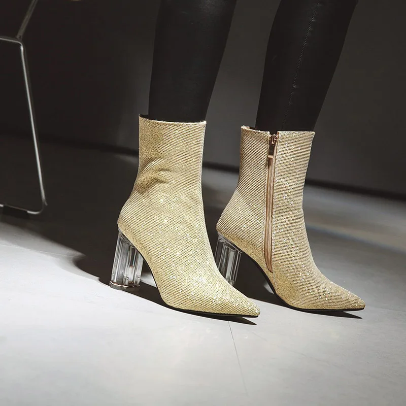 

WETKISS Transparent High Heeled Shoes New Ankle Women Boots Pointed Toe Rubber Zip Footwear Wedding Female Boots 2018 Black