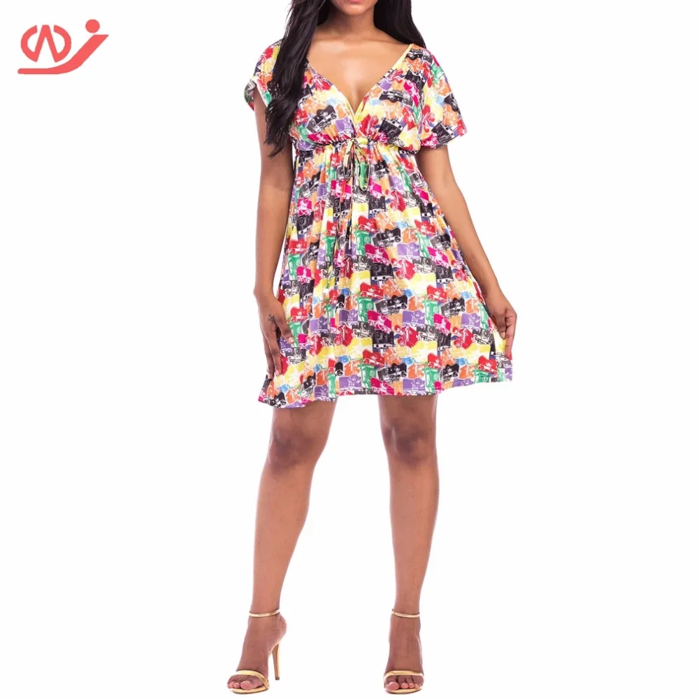 Boho Винтаж Цветочный принт мини платье Для женщин короткий рукав лето Пляжные