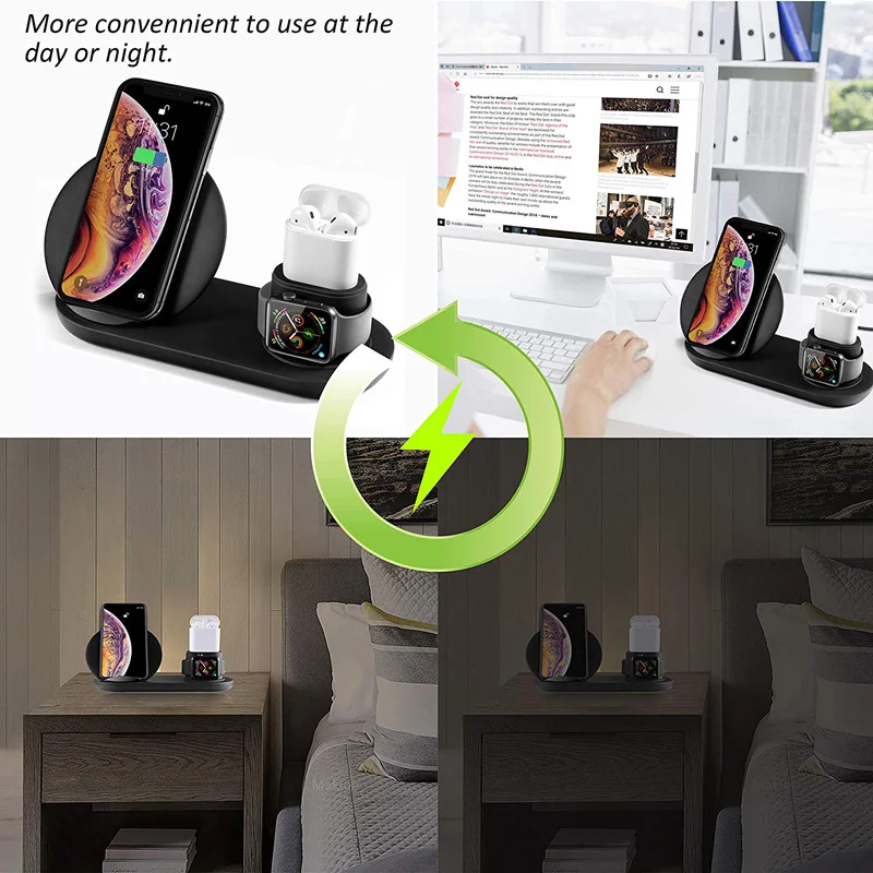 Беспроводная зарядная подставка 3 в 1 для Apple Watch и Airpods быстрая станция Qi