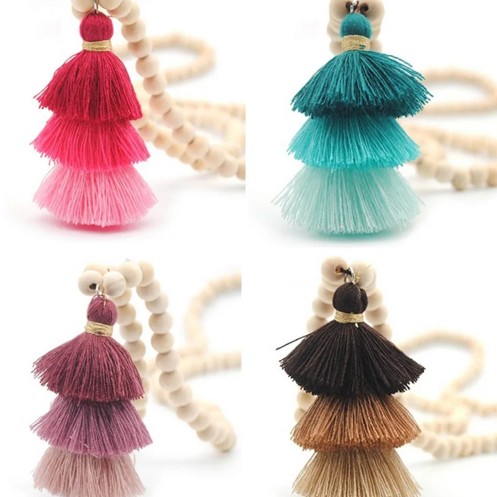 

15 Colors Option!! Sandal Wood Beads Long Chain 3 Layers Cotton Tassel Pendant Necklaces for Women Gift Perfect Outfit
