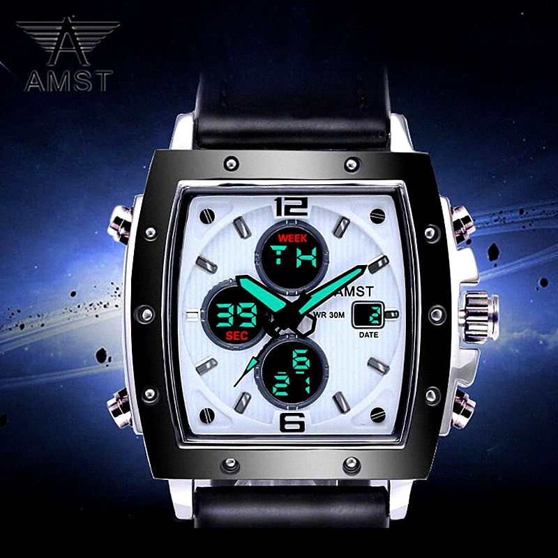 AMST Square dial Men Analog Digital Army Military Watch 5ATM Waterproof Clock Sport Wristwatch Quartz LED Mens Watches Relogio | Наручные