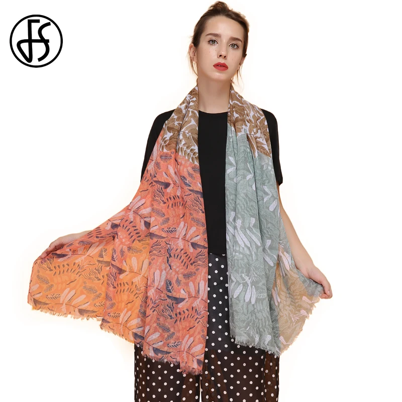 Женский Длинный шарф платок FS Тонкая Шаль из вискозы с листьями триколора тонкая