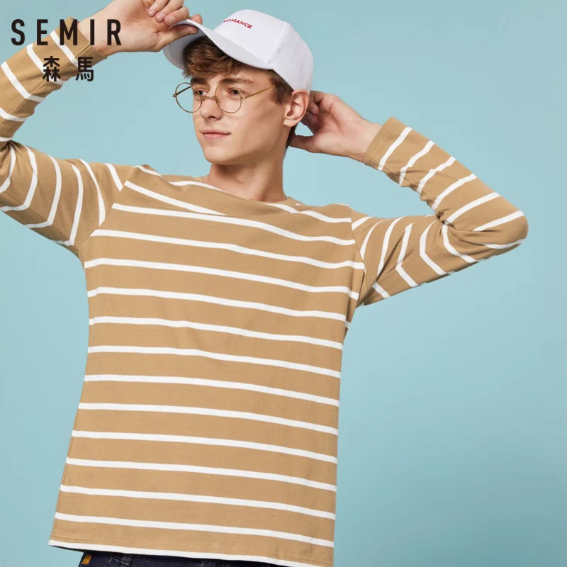 SEMIR для мужчин 100% Хлопковая полосатая футболка с длинным рукавом Классические в