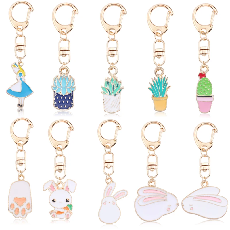 

Cute Alice Girl Rabbit Key Chain Potted Plant Succulents Cactus Keychain Cartoon Enamel Animal Ornament Female Christmas Gift