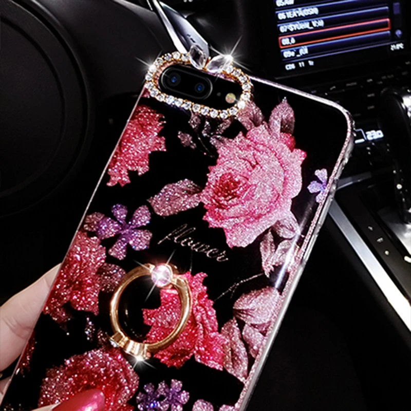 Kerzzil Vintage Rose Flowers Diamond Giltter Cover Case for iPhone 6 7 6S Stand Cases 8 Plus Hard Coque |
