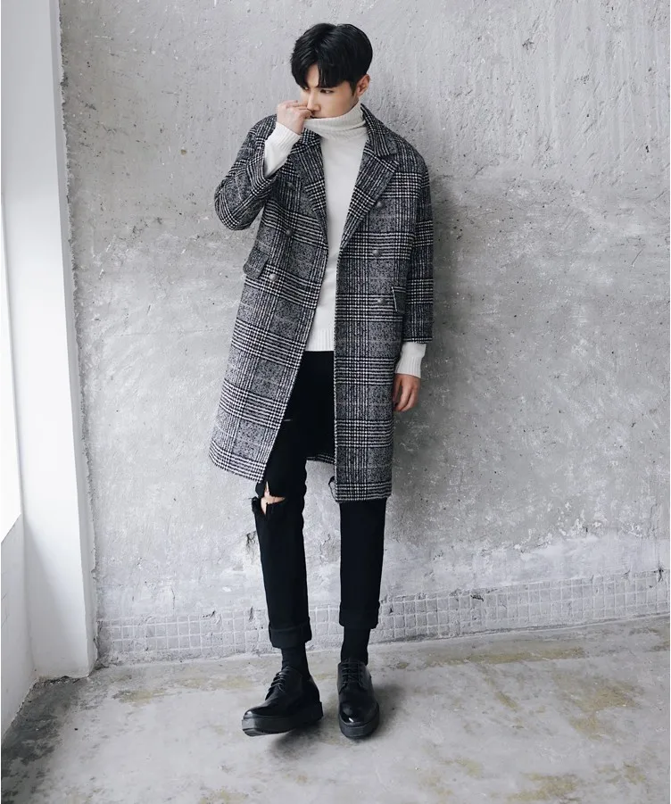 New Winter Double-breasted Plaid Wool Coat Men Loose Blends Windbreaker Fashion Vintage Tartan Long Men's Outerwear DS50825