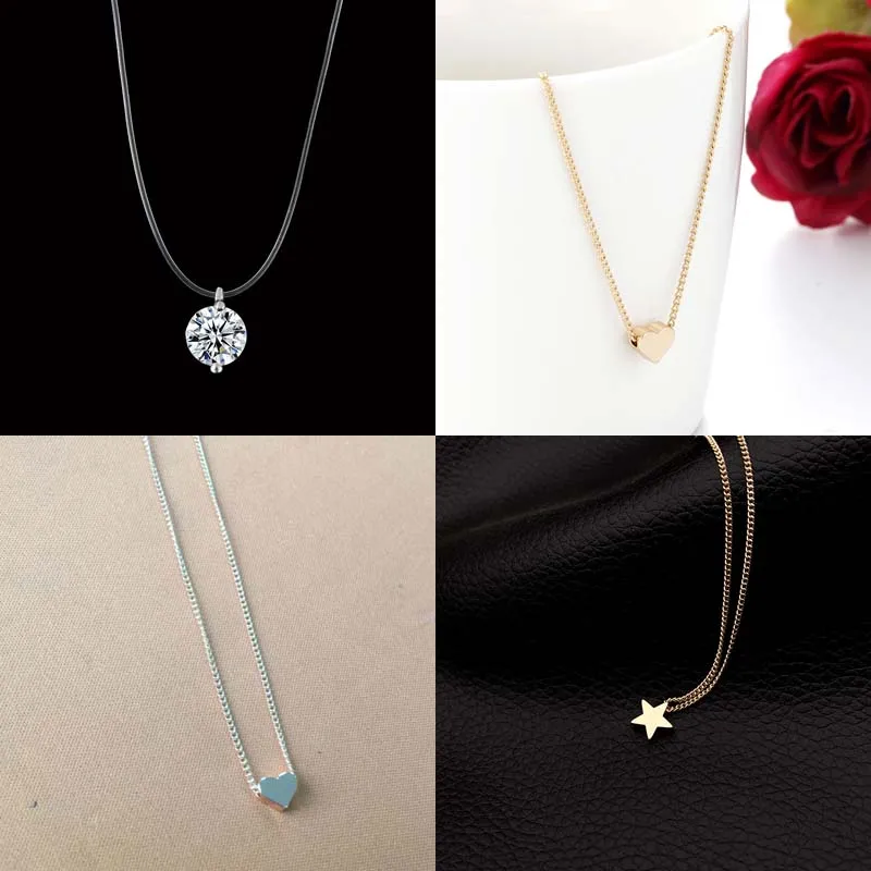 Горячая Женская прозрачная леска ожерелье Золотое Серебряное сердце звезда