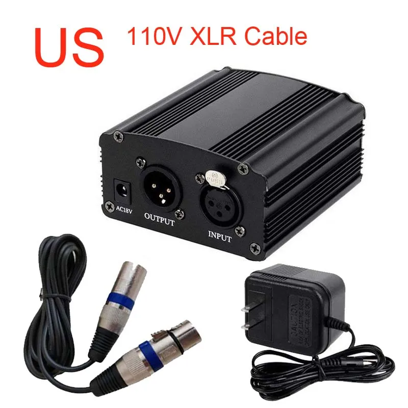 Черный OGV 48 В фантомный источник питания с одним XLR аудио кабелем и AC110V 220 в ЕС адаптер для конденсаторного микрофона Запись голоса - Цвет: Черный