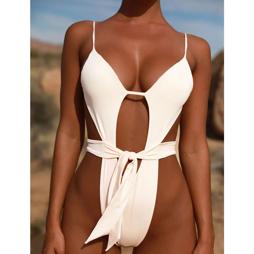 Модный женский полый боди пляжный однотонный глубокий v-образный вырез