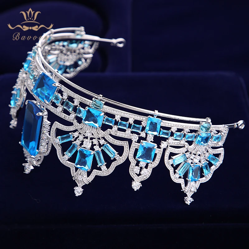 Сверкающие синие диадемы короны из циркона для невесты европейские серебряные