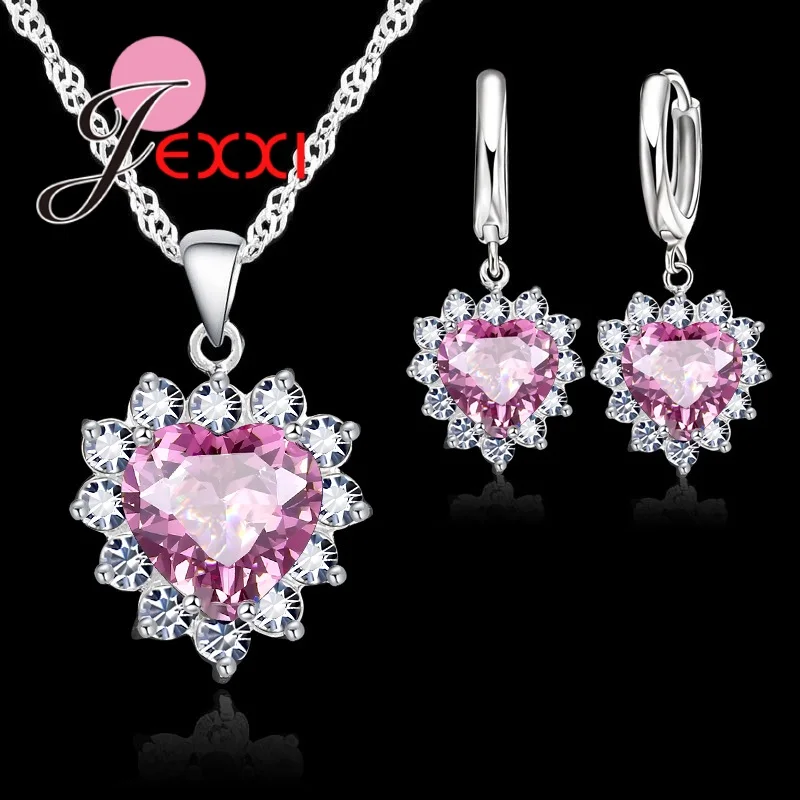 

Trendy Heart Austrian Crystal 925 Sterling Silver Pendant Necklaces Earrings Set For Women Wedding Bridal Jewelry Sets