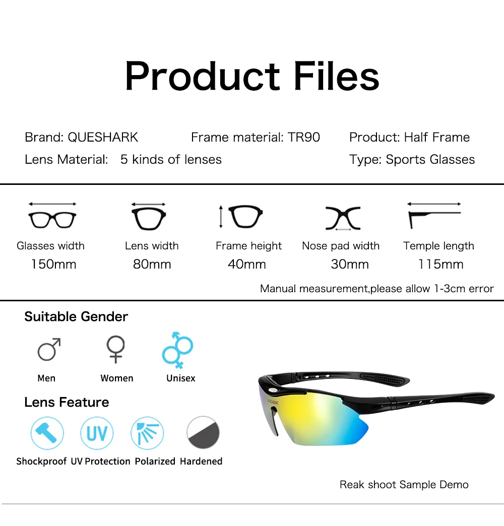 QUESHARK Classic Style Photochromic Cycling Glasses MTB Goggles Cycling Eyewear Bicycle Sunglasses Polarized Cycling Glasses