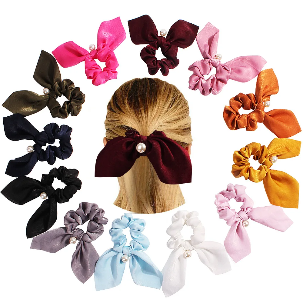 

Satin Hair Scrunchies Women Pearl Hair Ties Ribbon Elastic Hair Bands Stretchy Bunny Ears Scrunchy Girls Silky Ponytail Holder