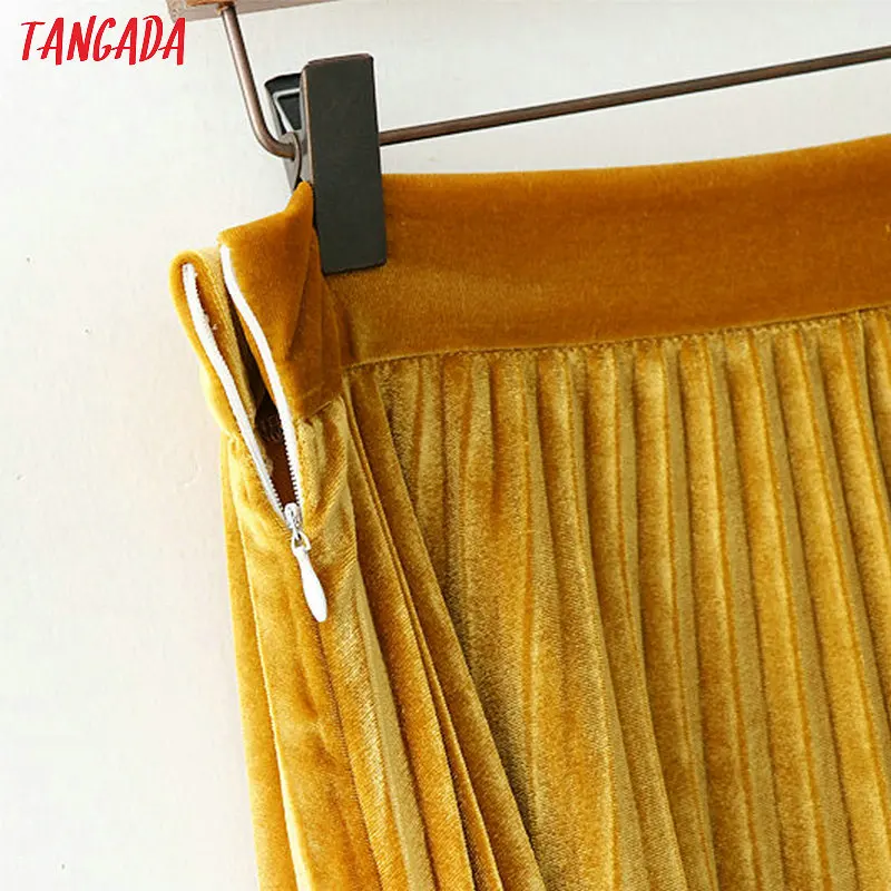 Tangada бархатная юбка плиссированная юбка юбка плиссе юбка ниже колена горчичная юбка желтая юбка юбка миди XD535