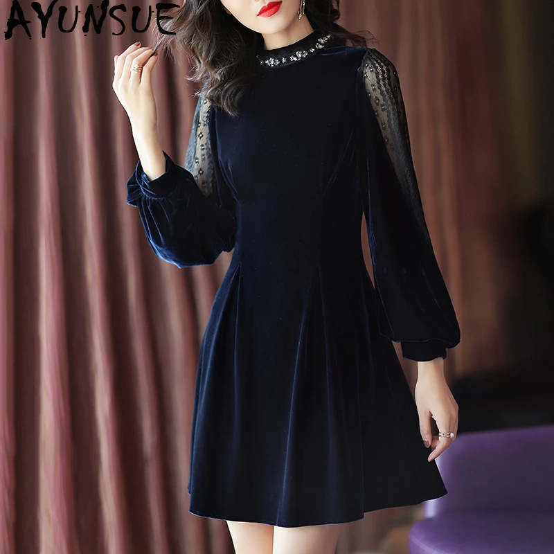 Spring Autumn Velvet Dress Women Clothes 2020 Vintage Elegant Mini Black Mesh Ladies Vestidos MY2419 | Женская одежда