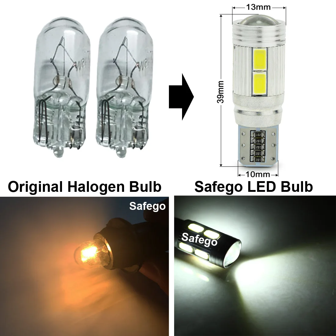 Safego 2 шт. Автомобильные светодиодные лампы T10 W5W Canbus без ошибок 10 smd 5630 194 168 для