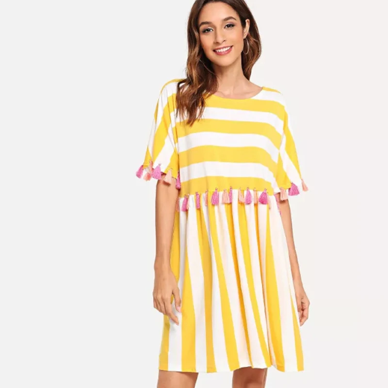 

Newly Spring Autumn Women Dress Short Sleeve Striped Tassels Girl Loose Casual Dresses m99