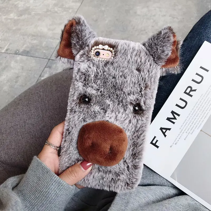 Чехол с 3D поросенком из натуральной шерсти для One Plus 7 6 5T 5 LG Stylo 5 V50 huawei P30 P20 пушистый меховой Чехол Мягкий ТПУ кроличий мех плюш 1 шт